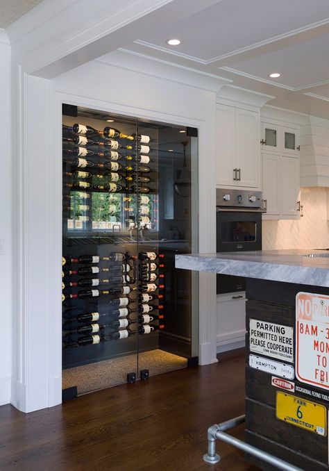 Glass Door Cabinets Kitchen, Wine Storage Wall, Contemporary Wine Cellar, Wine Room Design, Glass Wine Cellar, Wine Closet, Frameless Glass Doors, Home Wine Cellars, Pantry Wall