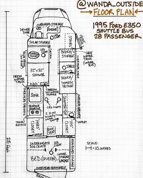 Buslife | Skoolie | Tinyhouse’s Instagram photo: “You asked + we made it happen! Here is our DIY Bus Conversion floor plan! . This is for our 1995 Ford E350 Shuttle Bus, which was…” Bus Remodel, School Bus Tiny House, Led Stair Lights, School Bus Camper, School Bus House, Camper Interior Design, Ford E350, Bus Living, Short Bus