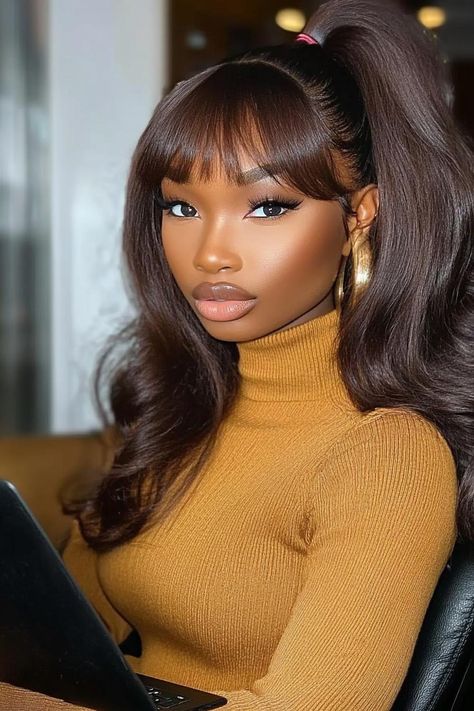 winter hair, black women, hairstyles Ponytail With Bangs For Black Women, Winter Hairstyles For Black Women, Ponytail With Bangs, Brown Hair Shades, Wavy Bob Haircuts, Style Wig, Sleek Updo, Wavy Style, Style Goals