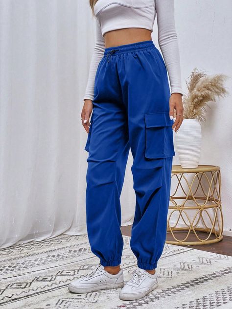 Royal Blue Casual Collar  Fabric Plain Cargo Pants Embellished Non-Stretch  Women Clothing Blue Joggers Outfit, Blue Cargo Pants Outfit, Joggers Outfit Women, Pants Embellished, Blue Cargo Pants, Sweatpants Outfit, Cargo Pants Outfit, Blue Joggers, Joggers Outfit