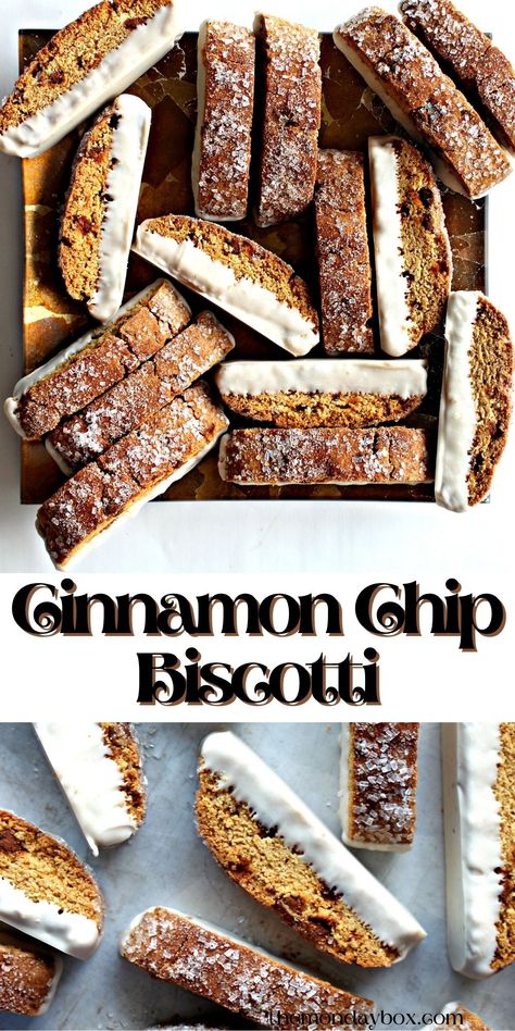 A plate of brown slices of biscotti with their bottoms dipped in white chocolate and the tops sprinkled with sugar. Chocolate Dipped Biscotti, Cinnamon Biscotti, Package Cookies, Yellow Cake Mix Recipes, Cookies From Scratch, Cinnamon Cookies, Cookies Baking, Cinnamon Chips, Biscotti Recipe