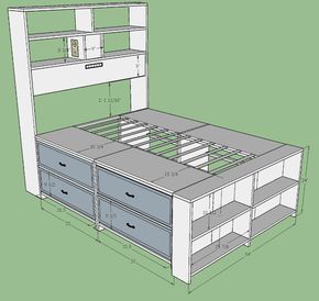 Diy Platform Bed With Headboard Storage, Platform Bed Bookshelves, Diy Captains Bed, Diy Beds, Diy Storage Bed, Bookshelf Bed, Rv Interior Remodel, Tall Bed, Storage Beds