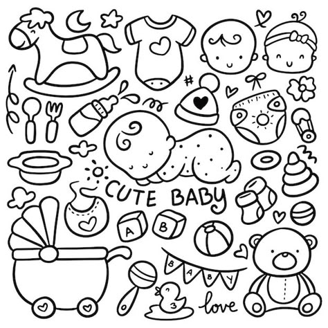 Baby Drawing Easy, Birthday Elements, Food Ball, Banner Cartoon, Doodle Baby, Baby Cartoon Drawing, Cartoon Sketch, Baby Icon