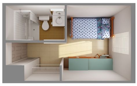 Dorm Room Architecture, Small Dorm Design, Maids Room Floor Plan, Single Dorm Room Layout Floor Plans, Small Bedroom With Bathroom Ideas, Maid Room Small, Goshiwon Room, Mini Room Design, Dorm Floor Plan