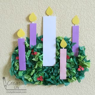 Cindy deRosier: My Creative Life: Tissue Paper Advent Wreath Paper Advent Wreath, Kids Advent Wreath, Tissue Paper Wreaths, Diy Advent Wreath, Advent Wreath Diy, Wreath Paper, Advent Crafts, Christmas Advent Wreath, Advent For Kids