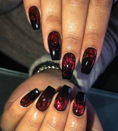 Red And Black Halloween Nails Coffin, Black And Red Nails Coffin Short, Black And Red Nails Wedding, Vampire Nails Coffin, Black Nails With Red Foil Flakes, Black Nails With Red Foil, Black Red Glitter Nails, Black And Red Coffin Nail Ideas, Red And Black Formal Nails