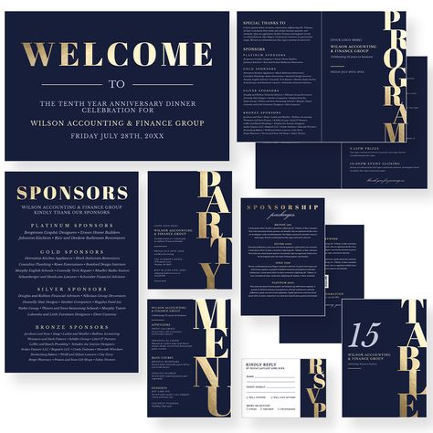 This invitation set boasts a sleek and contemporary design, making it ideal for corporate and business events. The typography is bold and attention-grabbing, ensuring that the word "Party" stands out prominently. The design not only looks professional but also conveys a sense of elegance, perfect for formal events. This set includes: - Invitation 5'' x 7'' - Sponsorship card 5'' x 7'' - Sponsorship poster 36'' x 24'' - Menu card 5'' x 7''  - Program brochure / flyer 8.5'' x 11'' (when folded it Gala Sponsorship Package, Gala Program Design, Sponsorship Table, Event Program Design Layout, Sponsorship Poster, Program Brochure, Fundraiser Event, Dinner Party Invitations, Party Stand