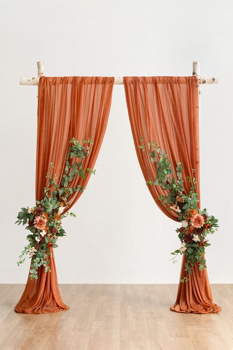 Floral Arches, Engagement Decor, Fabric Drape, Orange Curtains, Wedding Orange, Burnt Orange Weddings, Wedding Arch Flowers, Traditional Wedding Decor, Arch Flowers