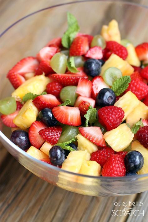 Fresh Fruit Salad with hints of orange and mint. From TastesBetterFromScratch.com Salad Ingredients And Procedure, Melon Cocktail, Fruit Salad Ingredients, Jello With Fruit, Easy Fruit Salad Recipes, Creamy Fruit Salads, Fruit Salad Easy, Fresh Fruit Salad, Strawberries Blueberries