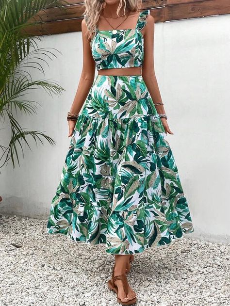 SHEIN VCAY Tropical Print Ruffle Trim Top & Skirt | SHEIN USA Tropical Attire For Women, Backless Halter Top, Ruffle Trim Top, Trim Top, Skirts Online, African Attire, Printed Ties, Tropical Print, Two Piece Outfit