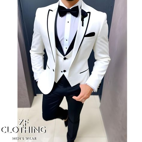 White And Black Mens Suit, White Tuxedo For Men Wedding, Royal Suits For Men, White Tuxedo Wedding, Tuxedo White, Plaid Tuxedo, Designer Tuxedo, White Wedding Suit, Hoco Ideas