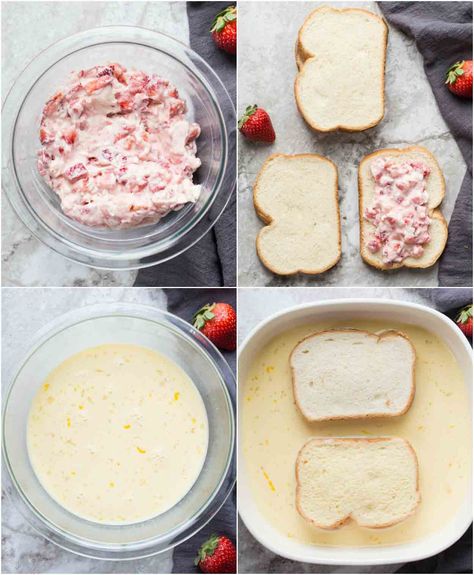 Simple and delicious recipe for how to make french toast with a cheesecake and strawberry filling. Open Faced Breakfast Sandwich, Cheesecake Stuffed French Toast, Stuffed French Toast Recipe, Strawberry French Toast, French Recipe, Stuffed French Toast, Make French Toast, Strawberry Dessert Recipes, Breakfast Sweets