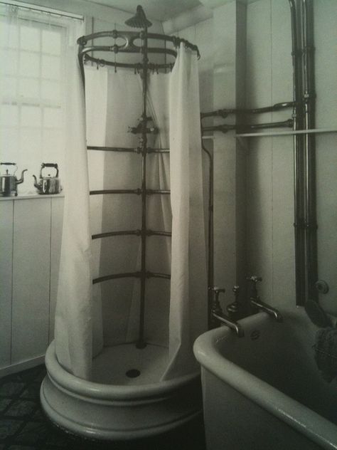 Wrap around Shower | Flickr - Photo Sharing! 1910 Bathroom, 1920 Bathroom, Slate Shower, Clawfoot Tub Shower, Shower Vintage, Old Bathrooms, Geodesic Dome Homes, Old House Interior, House Bathrooms