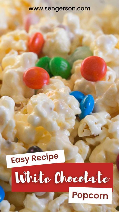 White Chocolate Popcorn White Chocolate Mix Recipes, White Choc Popcorn Recipe, White Chocolate Coated Popcorn, Popcorn Almond Bark Recipe, Popcorn White Chocolate Recipes, White Chocolate Covered Popcorn, White Chocolate Popcorn Balls, Almond Bark Popcorn Recipe, White Chocolate Peanut Butter Popcorn