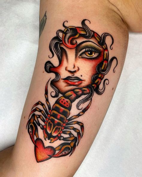 Traditional Tattoo Scorpion, Woman Traditional Tattoo, Traditional Scorpion Tattoo, Scorpion Design, Lady Tattoo, Traditional Tattoo Old School, Tattoo Apprenticeship, Traditional Tattoo Sleeve, Witch Tattoo