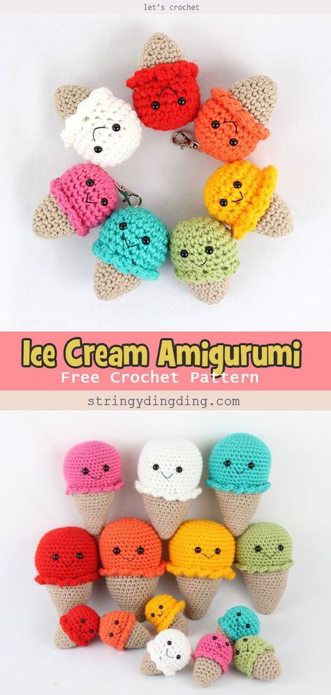 Amigurumi Free Pattern Ice Cream, Keyring Crochet Pattern, Amigurumi Crochet Keychain Free Pattern, Free Ice Cream Crochet Pattern, Crochet Ice Lolly Free Pattern, Small Food Crochet Pattern, Fast Crochet Amigurumi Patterns, Ice Cream Amigurumi Free Pattern, Easy Crochet Monster Pattern Free