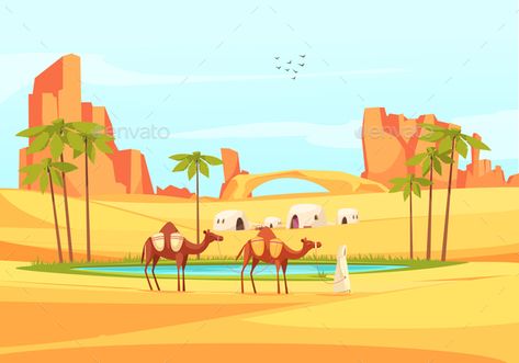 Desert Oasis Camels Composition #Oasis, #Desert, #Composition, #Camels Oasis Illustration, Desert Drawing, Animation Story, Desert Sahara, Cute Designs To Draw, Dry Desert, Kids Story, Desert Life, Egyptian Pyramids