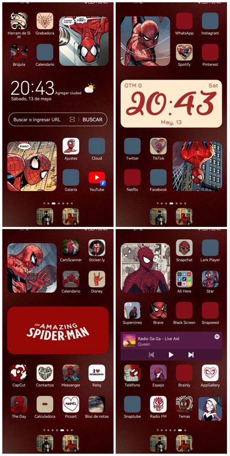 Spiderman Phone Aesthetic, Spiderman Homescreen Icons, Spiderverse Homescreen Layout, Spider Punk Homescreen, Spider Man Themed Phone Layout, Spiderman Homescreen Ideas, Phone Themes Spiderman, Homescreen Layout Spiderman, Spiderman Homescreen Wallpaper