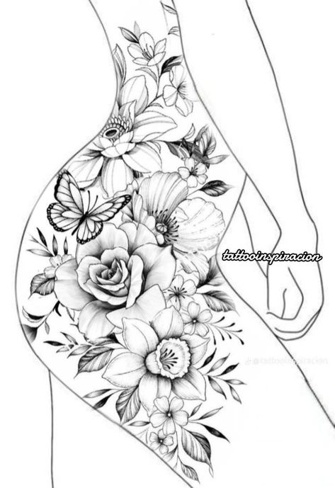 Floral Tattoo Design Thigh, Best Thigh Tattoos For Women, Thigh Piece Tattoo For Women Unique, Large Flower Tattoos For Women, Thigh Piece Tattoo For Women, Hip Thigh Tattoos Women, Women Leg Tattoo Ideas, Back Tattoos For Guys Spine, Big Thigh Tattoos For Women