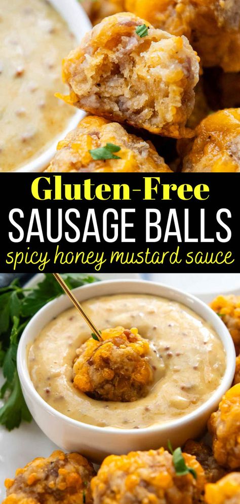 Enjoy a deliciously cheesy gluten-free sausage balls recipe without having to buy speciality ingredients! These easy sausage cheese balls require 5 simple ingredients without requiring gluten-free premade mixes, like Bisquick or pancake mix. They bake up golden and fluffy, with no greasiness, are make-ahead, freezer-friendly and include a bonus spicy sweet hot honey mustard dipping sauce! Easy Appetizer Gluten Free, Gluten Free Horderves, Gluten Free Tailgate Breakfast, Gf Sausage Balls, Gluten Free Bisquick Sausage Balls, Gluten Free Sausage Balls Bisquick, Gf Df Thanksgiving Appetizers, Christmas Snack Ideas Gluten Free, Gluten Free Wedding Shower Food