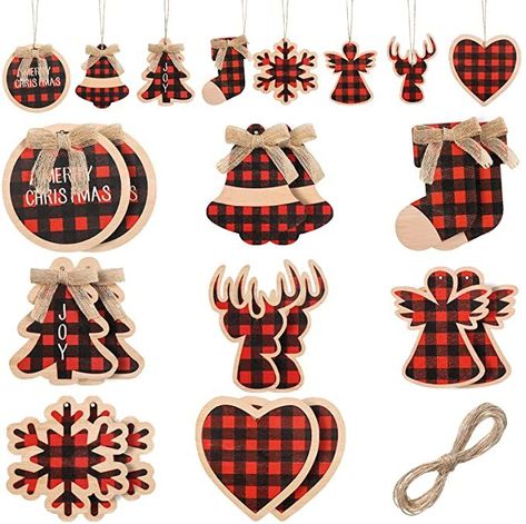 Buffalo Plaid Christmas Ornaments, Burlap Christmas Ornaments, Christmas Tree Wooden, Christmas Buffalo Plaid, Farmhouse Christmas Ornaments, Christmas World, Bells Christmas, Ornaments Christmas Tree, Burlap Christmas