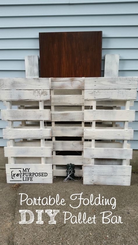 Not just a DIY pallet bar, but a portable folding pallet bar for destination weddings, reunions, even tailgating. Move it to the front yard Lemonade Sales! Diy Pallet Bar, Bar Furniture For Sale, Bar Portable, Pallet Bar Diy, Wood Bar Cart, Outside Bars, Pallet Bar, Used Pallets, Portable Bar