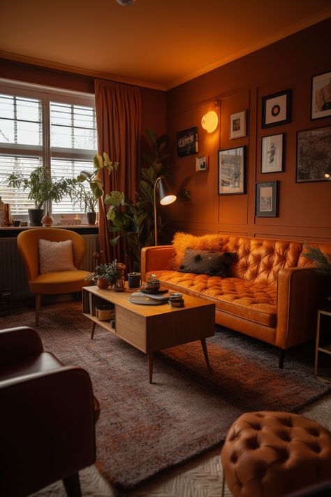 Brown Orange And Green Living Room, Earthy Living Room With Pop Of Color, Rust Color Leather Sofa, Amber Couch Living Rooms, Brown Retro Living Room, Orange And Wood Living Room, Vintage Living Room Lighting, Bohemian Orange Living Room, Retro Leather Couch