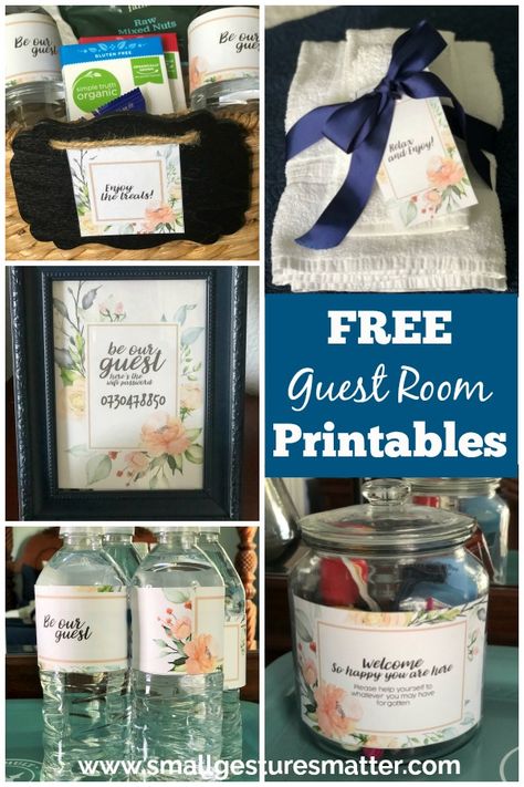 FREE Guest Room Printables! Includes wifi sign, water bottle labels, welcome basket tags, and more! Pamper your overnight guests by creating a welcoming guest room with this list of 20 essentials.Your guests will feel like they are at a luxury hotel! #freeprintables #guestroomprintables #wifisign #guestroomessentials #smallgesturesmatter Hotel Room Welcome Basket, Welcome Kit For House Guests, Guest Welcome Tray, Guest Room Welcome Sign, Guest Toiletries Basket, Vrbo Welcome Basket, House Guest Welcome Basket Ideas, Guest Bedroom Welcome Basket, Guest Basket Ideas Overnight