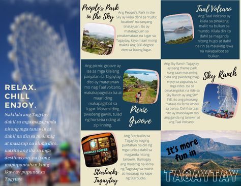 It's more fun in the Philippines❤️ Tagaytay Travel Brochure, Tagaytay Brochure, Brochure About Philippines, Its More Fun In The Philippines, Travel Brochure Philippines, Travel Brochure Examples, Travel Brochure School Project, Tourism Brochure Design, Brochures Ideas