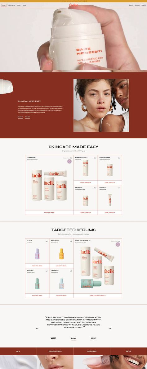 Facile | eCommerce Website Design Gallery & Tech Inspiration Tech Inspiration, Cosmetic Dermatology, Ecommerce Website Design, Website Layout, Gel Cleanser, Bare Necessities, Design Gallery, Ecommerce Website, Dermatology