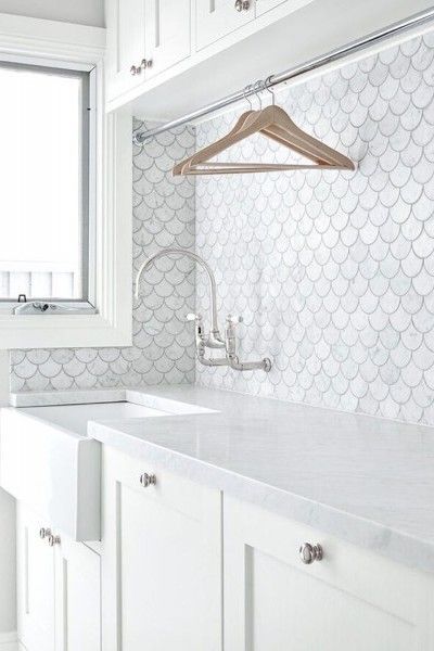 Stunning scallop tile backsplash in this gorgeous laundry rooms #diyenglishdecor Fish Scale Tiles, Scallop Tiles, Above Sink, Fish Scale Tile, Dream Laundry Room, Laundry Design, Laundry Room Inspiration, Small Laundry, Laundry Room Storage