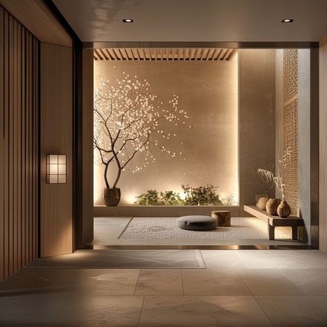 Japanese Hallway, Ruang Tamu Outdoor, Zen Interiors, Zen House, Japanese Home Design, Japandi Home, Hallway Designs, Japandi Interior, Japanese Interior Design