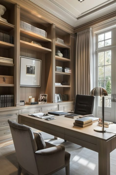 Master Office Design, Upscale Home Office, French Modern Office, High End Home Office, Executive Home Office Design, Taupe Office Walls, Rectangular Office Layout, Office Built Ins Bookshelves, Built In Shelves Office