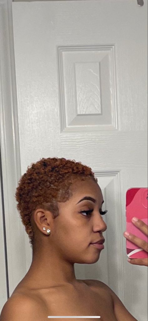 Short Hair Dye Black Women, Short Hairstyle Women Ginger Hair, Simple Shaved Hair Designs For Women, Short Natural Ginger Hair, Big Chop And Color, Low Hair Cut For Women, Short Natural Brown Hair, Copper Dyed Hair Black Women, Dyed Twa 4c