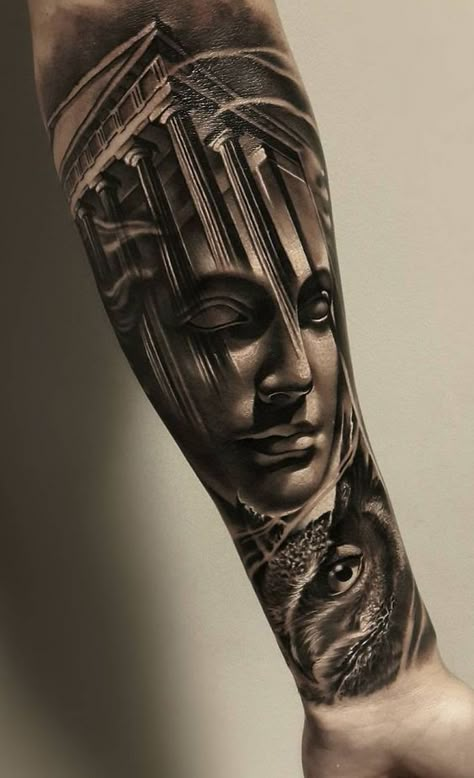 Sculpture Tattoo, Athena Tattoo, Gladiator Tattoo, Zeus Tattoo, Spartan Tattoo, Realistic Tattoo Sleeve, Statue Tattoo, Greek Mythology Tattoos, Men Tattoos Arm Sleeve