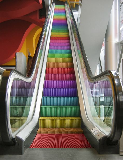 rainbow escalator (1433×1865) Stairs Railing, Railing Ideas, Rainbow Connection, Basement Stairs, Art Rainbow, Rainbow Bright, Lgbt Art, Rainbow Aesthetic, Taste The Rainbow