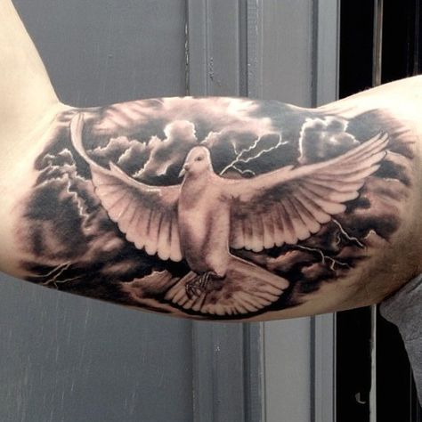 Flying Dove Tattoo Designs for Men at Camera | 60 Lightning Tattoo Designs For Men – A Surge Of High Voltage Ideas Dove Tattoo Design For Men, Flying Dove Tattoo, Inner Bicep Tattoo Men, Blitz Tattoo, Bicep Tattoo Men, Dove Tattoo Design, Lightning Tattoo, Inner Arm Tattoos, Vogel Tattoo