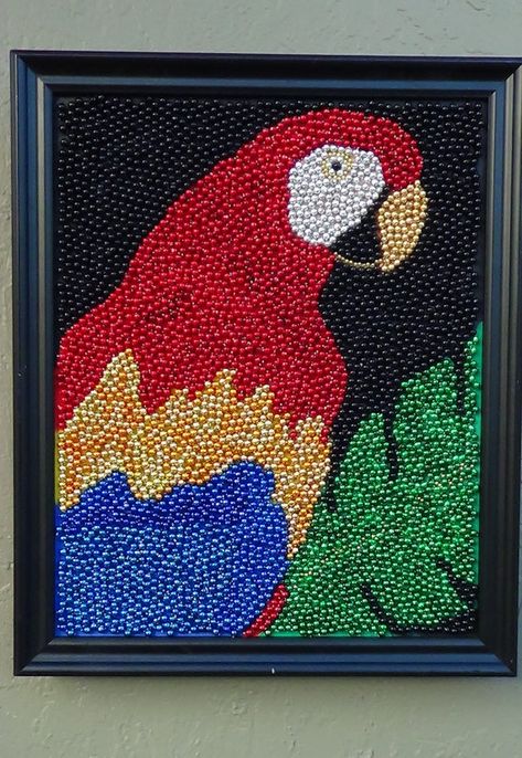 tropical parrot mardi gras bead mosaic art by SweetSouthernBreezes, $165.00: Seed Art, Aktiviti Kanak-kanak, Bottle Cap Art, Mardi Gras Beads, Dot Art Painting, Button Art, Art Drawings For Kids, Button Crafts, Diy Art Painting