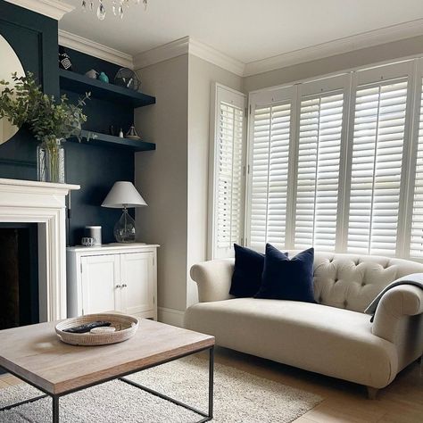 Shutters Interior Window Living Room, Shutters And Curtains Together, Shutters Interior Window, Living Room Shutters, Shutters Living Room, Shutters Interior, Front Room Decor, Bay Window Living Room, Lounge Room Styling