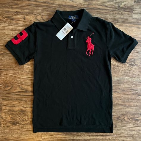 Youth Polo By Ralph Lauren Collar Shirt. Black With Red Horse. Size Youth Medium 10-12. Good Quality, Nice Style. New With Tag. Boys Polo Shirt Outfit, Polo Shirt Outfit, Swag Clothing, Fits Inspiration, Bday List, Polo Shirt Outfits, Polo Outfit, Guy Fits, Clothes Wishlist