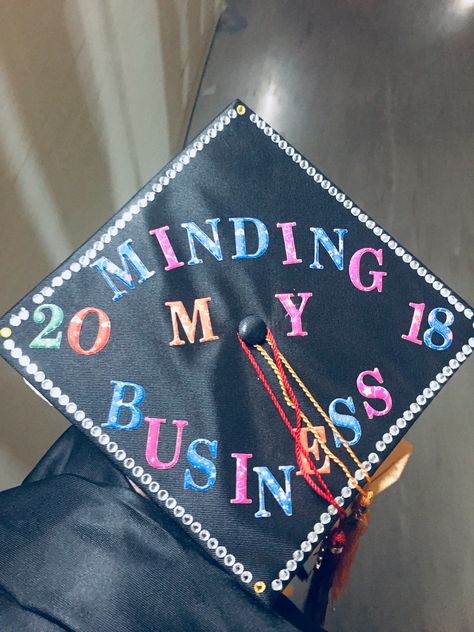 Graduation Cap design for a Business major. Graduation Cap Designs For Business Major, Grad Cap Ideas Business Major, Bachelors In Business Graduation Cap, Graduation Cap For Business Major, Graduation Cap Ideas Business Major, Business Major Cap Decoration, Grad Cap Business Major, College Graduation Cap Ideas Business, Mba Grad Cap Ideas