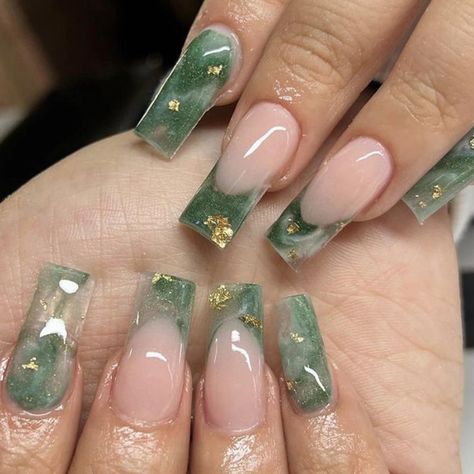 Summer Gel Nails Green, Gold Nails Ballerina, Nails For Teal Dress, Green Summer Nails 2024, Green Nails Medium Length, Green And White Nails Acrylic, Nail Ideas Green And Gold, Nails Acrylic Emerald Green, Green Summer Nails Designs