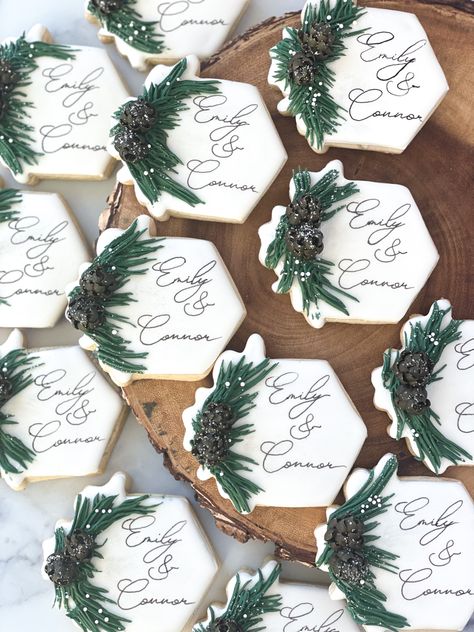 Christmas Cookies Wedding, Christmas Wedding Shower Cookies, Wedding Christmas Cookies, Winter Bridal Shower Cookies, Christmas Wedding Cookies Decorated, Christmas Engagement Cookies, Christmas Bridal Shower Cookies, November Wedding Theme, Winter Wedding Cookies Decorated