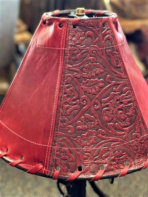 Tooled Red Leather Lamp Shade | Your Western Decor– Your Western Decor, LLC Western Lamp, Western Lamps, Leather Lamp, Western Style Decor, Rustic Lamp, Rustic Lamp Shades, Distressed Top, Wall Clock Wooden, Western Homes