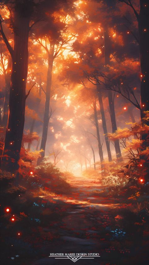 As the sun sets, casting a warm, golden glow over this autumn forest, the entire scene comes alive with the vivid hues of fall. The trees don their fiery mantles of red and orange leaves, and a serene path winds through the woodland, inviting you to embark on an enchanting journey into the heart of the season. Imagine setting this captivating painting as your lock screen or wallpaper, welcoming the spirit of fall into your digital world | Fall Aesthetic | Lock Screen Wallpaper | Fall Backgrounds Orange Forest Background, Enchanted Fall Forest, Enchanted Autumn Forest, Fantasy Autumn Forest Aesthetic, Magical Fall Forest, Fall Background Landscape, Fall Court Aesthetic, Fall Fantasy Aesthetic, Autumn Forest Art