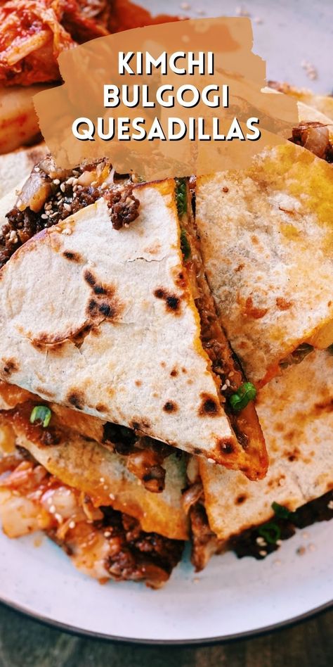 Cheesy and Spicy are one of my favourite pairings. Today we are making Cheesy Kimchi Bulgogi Quesadilla that s full of flavour!! What To Pair Kimchi With, Bulgogi Side Dishes, Bulgogi Sandwich Recipe, Recipes Using Kimchi, Bulgogi Burrito, Kimchi Recipes, Quick Beef Recipes, Best Korean Food, Tiffy Cooks