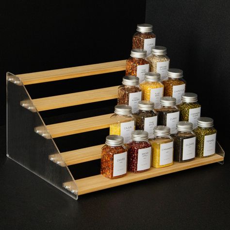 PRICES MAY VARY. Good Assistant: Nianfeng spice rack organizer for cabinetr can help you organize seasoning bottles well, keeping them orderly and easy to access at a glance Elegant & Sturdy: Risers display stands constructed from high-quality pine wood and corrugated acrylic, making it both aesthetically pleasing and fashionable, as well as durable and resistant to deformation, the spice shelf is a beautiful and robust addition to any space More Than Just for the Kitchen: kitchen & pantry spice Tiered Spice Rack, Spice Rack Design, Canned Good Storage, Acrylic Risers, Spice Cabinet Organization, Spice Rack Organization, Countertop Spice Rack, Shelf For Kitchen, Diy Spice Rack