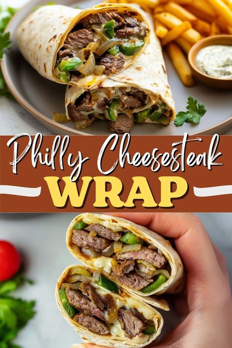 This Philly cheesesteak wrap turns the classic sandwich into a portable lunch! It's packed with tender beef, melty provolone, peppers, and onions. Philly Cheese Steak Wraps Recipe, Steak Wraps Recipes Healthy, Philly Cheese Steak Burrito, Easy Wrap Ideas, Philly Wrap, Beef Wraps Recipes, Wrap Recipes Healthy, Philly Cheesesteak Wraps, Wrap Ideas For Lunch