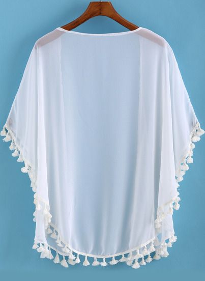 White Tassel Loose Chiffon Kimono -SheIn(Sheinside) Mobile Site White Lace Robe, White Lace Kimono, Embellished Kimono, Moda Kimono, White Kimono, Mode Kimono, Chiffon Kimono, White Tassel, Lace Kimono