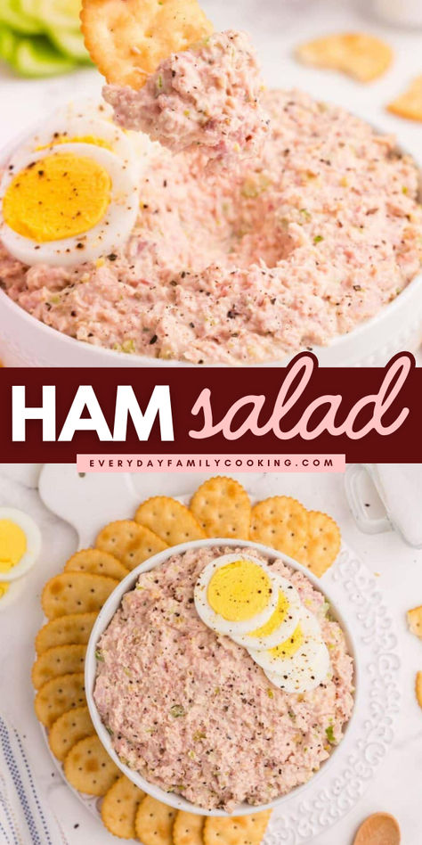 Put leftover holiday ham to delicious use in this easy ham salad recipe! Combine with celery, hard boiled egg, mayonnaise, sweet relish, and mustard for a dip or sandwich spread the whole family will love! Ham Salad Recipe Easy, Ham Boiled Dinner, Homemade Ham Salad, Ham Salad Spread, Ham Recipes Leftover, Easy Ham Salad, Ham Spread, Ham Sandwich Recipes, Ham Salad Recipe